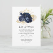 Navy Blue & Gold Shabby Rozen Bat Mitzvah Kaart (Staand voorkant)