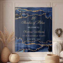 Navy Blue & Gold Shades of Blue Birthday Backdrop Wandkleed