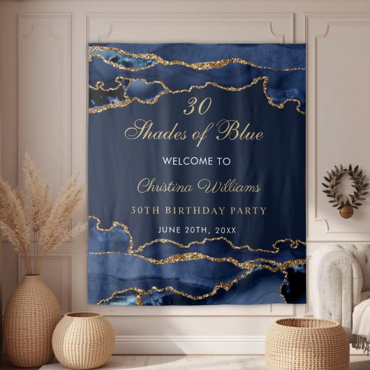 Navy Blue & Gold Shades of Blue Birthday Backdrop Wandkleed