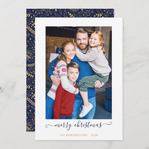 Navy Blue Gold Simple Script Merry-kerstfoto Feestdagenkaart