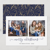 Navy Blue Gold Simple Script Merry-kerstfoto Feestdagenkaart (Voorkant / Achterkant)