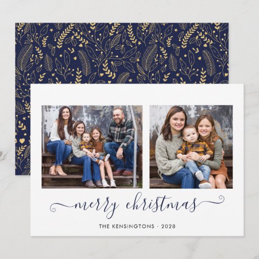 Navy Blue Gold Simple Script Merry-kerstfoto Feestdagenkaart (Voorkant / Achterkant)