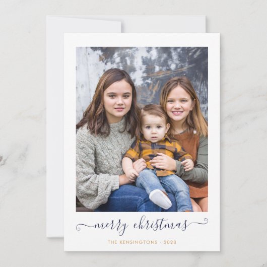 Navy Blue Gold Simple Script Merry-kerstfoto Feestdagenkaart (Voorkant)