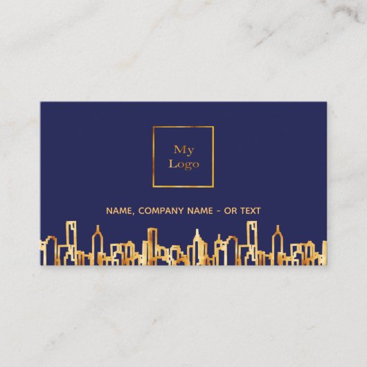 Navy Blue gold skyline real estate QR code photoph Visitekaartje (Voorkant)