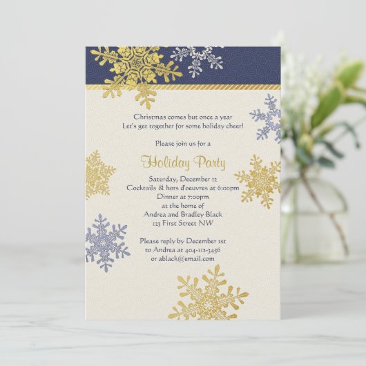Navy Blue Gold Snowflake Winter Kerstfeestdag Kaart (Staand voorkant)