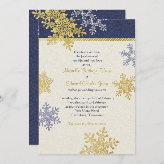 Navy Blue Gold Snowflake Winter Weddenschap Kaart (Voorkant / Achterkant)