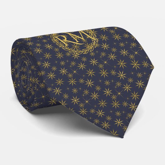 Navy Blue Gold Snowflakes Pattern Monogramed Stropdas (Opgerold)