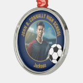 Navy Blue Gold Soccer Player Photo Christmas Metalen Ornament (Links)
