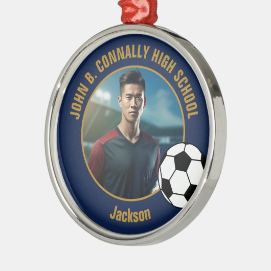Navy Blue Gold Soccer Player Photo Christmas Metalen Ornament (Links)