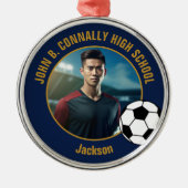 Navy Blue Gold Soccer Player Photo Christmas Metalen Ornament (Voorkant)