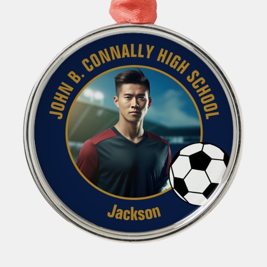 Navy Blue Gold Soccer Player Photo Christmas Metalen Ornament (Voorkant)