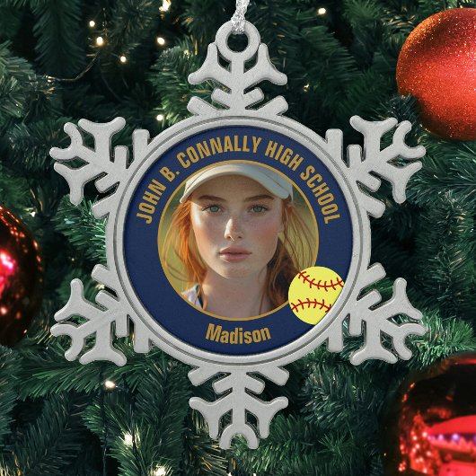 Navy Blue Gold Softball Player Photo High School Tin Sneeuwvlok Ornament