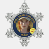 Navy Blue Gold Softball Player Photo High School Tin Sneeuwvlok Ornament (Voorkant)
