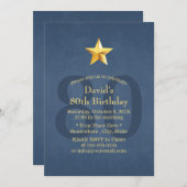Navy Blue Gold Star 80th Birthday Party Kaart (Voorkant / Achterkant)