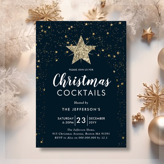 Navy Blue & Gold Star Kerstcocktail Kaart