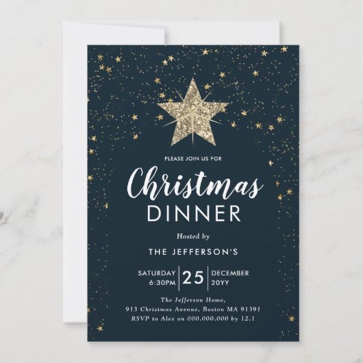 Navy Blue & Gold Star kerstdiner uitnodiging (Voorkant)