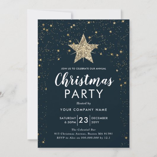 Navy Blue & Gold Star kerstfeest uitnodiging (Voorkant)