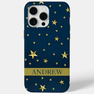 Navy Blue Gold Stars Gepersonaliseerde naam iPhone 15 Pro Max Hoesje