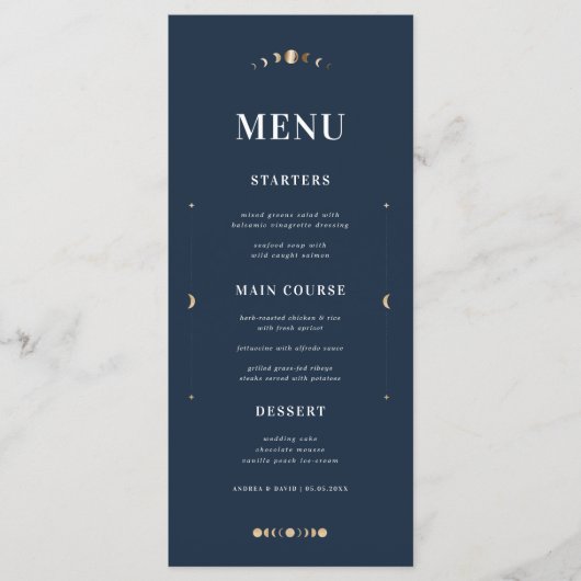 Navy Blue Gold Stars Moon Celestial Weddenschap Menu (Voorkant)