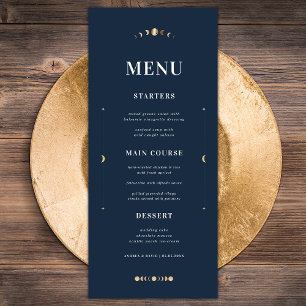 Navy Blue Gold Stars Moon Celestial Weddenschap Menu