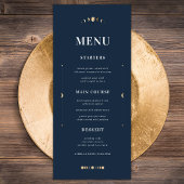 Navy Blue Gold Stars Moon Celestial Weddenschap Menu