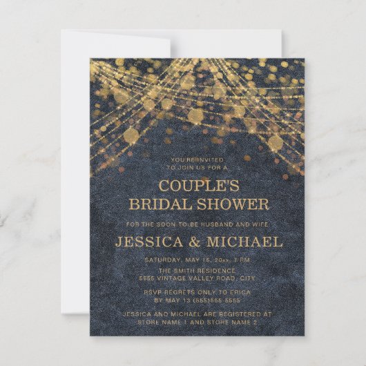 Navy Blue Gold String Light Couple's Vrijgezellenf Kaart (Voorkant)