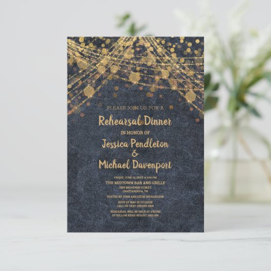Navy Blue Gold String Lights Bokeh Rehearsal Kaart (Staand voorkant)