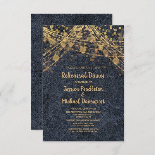 Navy Blue Gold String Lights Bokeh Rehearsal Kaart (Voorkant / Achterkant)