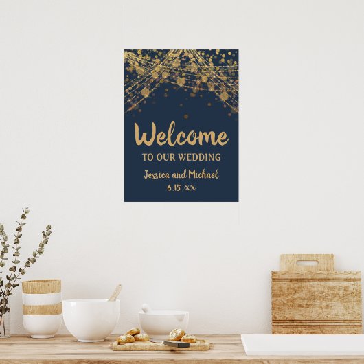 Navy Blue Gold String Lights Bokeh Weddenschap Wel Poster (Keuken)