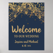 Navy Blue Gold String Lights Bokeh Weddenschap Wel Poster (Voorkant)