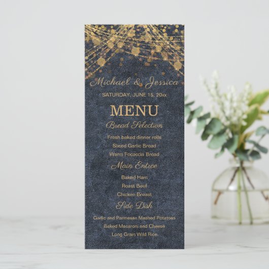 Navy Blue Gold String Lights Bokeh Wedding Menu (Staand voorkant)
