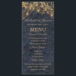 Navy Blue Gold String Lights Bokeh Wedding Menu<br><div class="desc">Maak uw tafel compleet met dit elegante huwelijksmenu van het Rustic Glam Wedding Collectie. Ontworpen met gloeiende gouden lichtjes over een diepe marine faux-denim achtergrond, biedt dit verticale menu een prachtige mix van rustieke charme en avondsophisticatie. De lay-out omvat secties voor brood, entrees en zijkanten, duidelijk gepresenteerd voor een diner...</div>