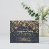 Navy Blue Gold String Lights Engagement Party Briefkaart (Staand voorkant)