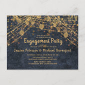 Navy Blue Gold String Lights Engagement Party Briefkaart (Voorkant)