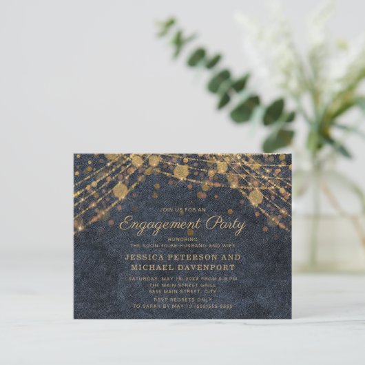 Navy Blue Gold String Lights Engagement Party Briefkaart (Staand voorkant)