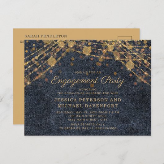 Navy Blue Gold String Lights Engagement Party Briefkaart (Voorkant / Achterkant)