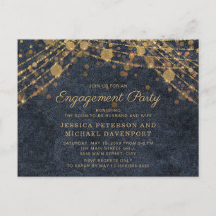 Navy Blue Gold String Lights Engagement Party Briefkaart