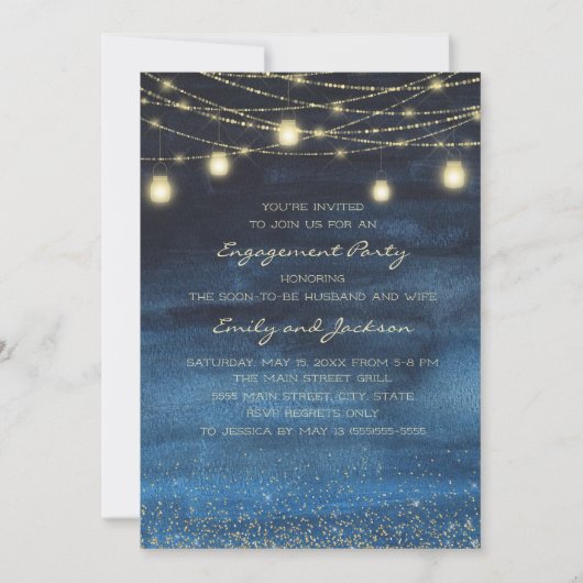 Navy Blue Gold String Lights Engagement Party Kaart (Voorkant)