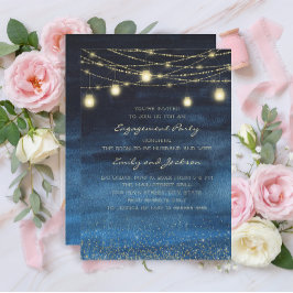 Navy Blue Gold String Lights Engagement Party Kaart