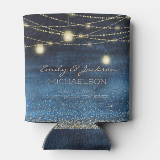 Navy Blue Gold String Lights Glitter Blikjeskoeler (Achterkant)