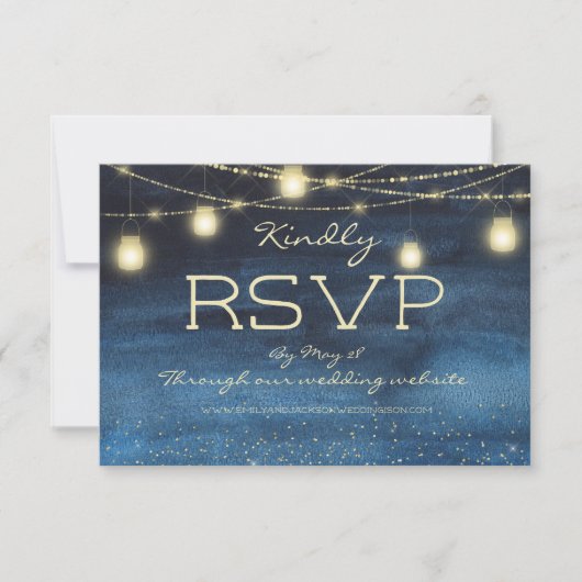 Navy Blue Gold String Lights Lantern Wedding RSVP Kaart (Voorkant)