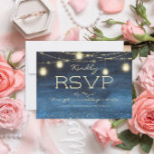Navy Blue Gold String Lights Lantern Wedding RSVP Kaart