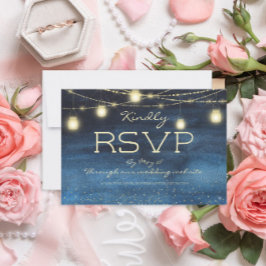 Navy Blue Gold String Lights Lantern Wedding RSVP Kaart