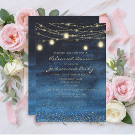 Navy Blue Gold String Lights Rehearsal Dinner Kaart
