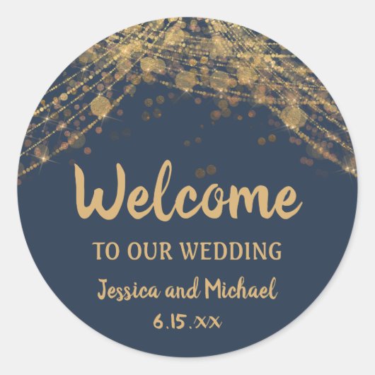 Navy Blue Gold String Lights Round Ronde Sticker (Voorkant)