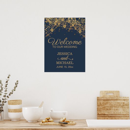 Navy Blue Gold String Lights Weddenschap Welkom Poster (Keuken)