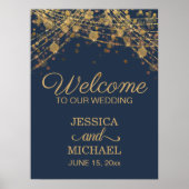 Navy Blue Gold String Lights Weddenschap Welkom Poster (Voorkant)