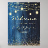 Navy Blue Gold String Lights Weddenschap Welkom Poster (Voorkant)