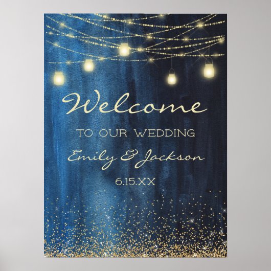 Navy Blue Gold String Lights Weddenschap Welkom Poster (Voorkant)