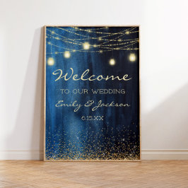 Navy Blue Gold String Lights Weddenschap Welkom Poster